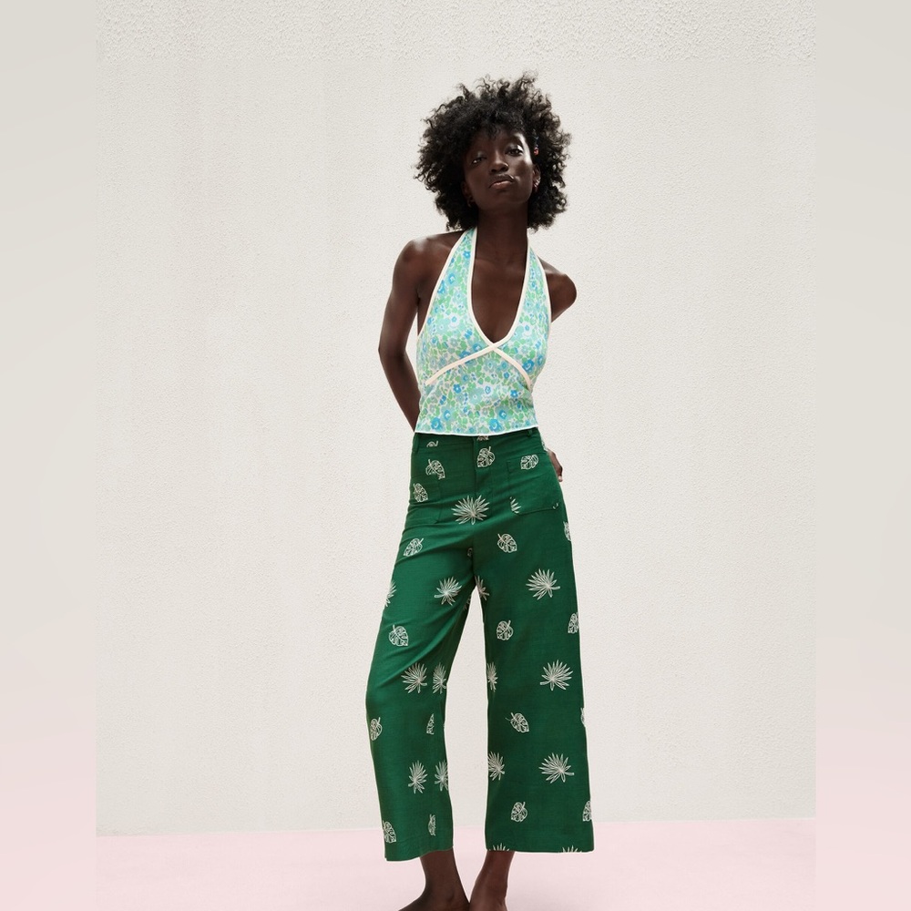 Zara Embroidered linen-blend crop/ culottes NWT SZ XS